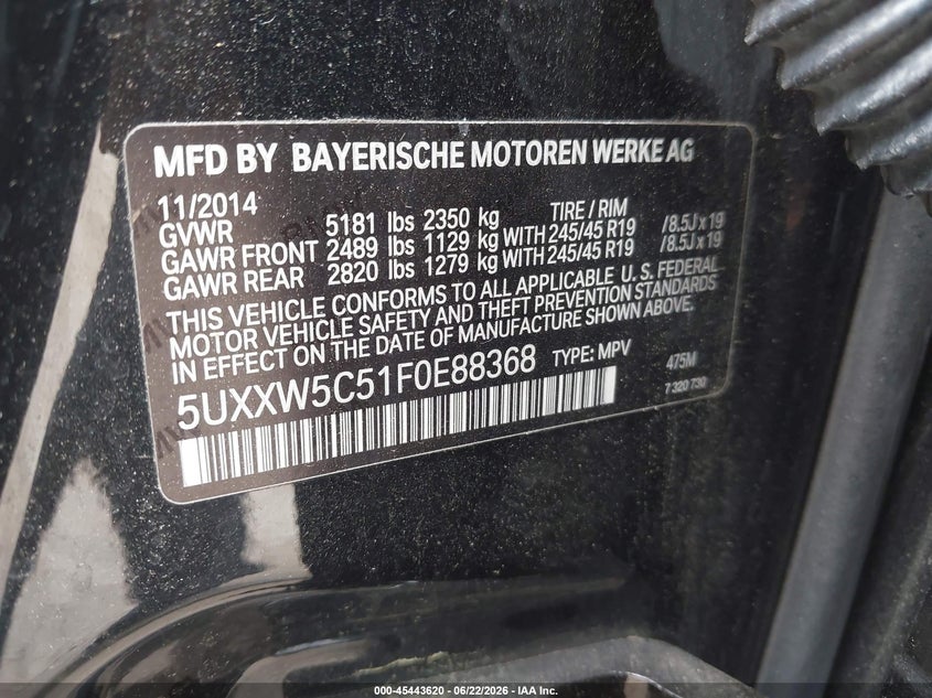 2015 BMW X4 xDrive35I VIN: 5UXXW5C51F0E88368 Lot: 45443620