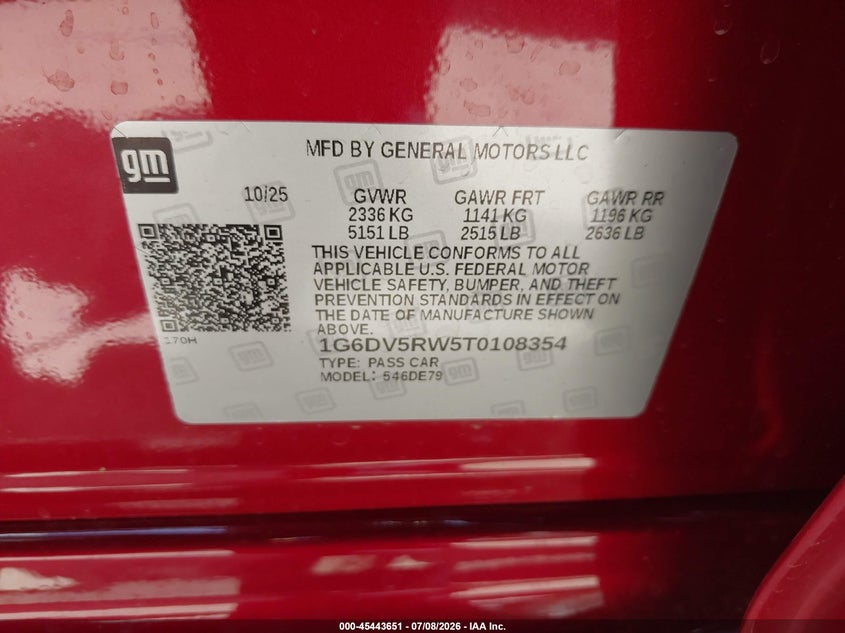 2026 Cadillac Ct5-V V-Series Rwd VIN: 1G6DV5RW5T0108354 Lot: 45443651