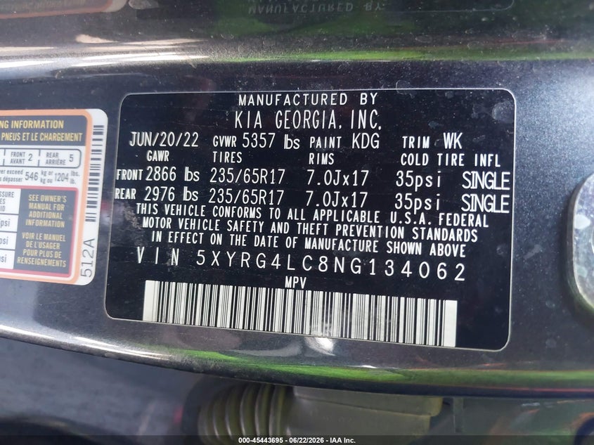 KIA SORENTO 2022 VIN 5XYRG4LC8NG134062