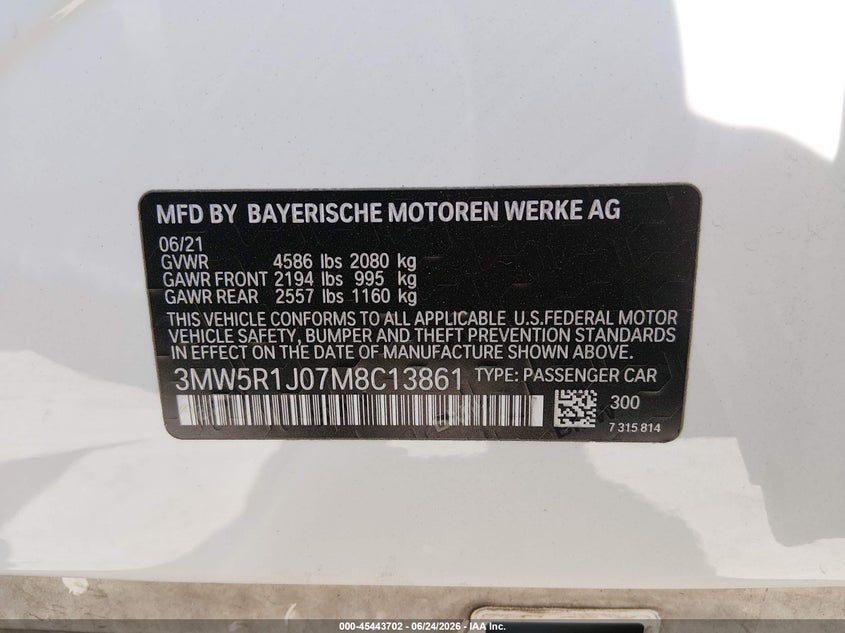2021 BMW 330I VIN: 3MW5R1J07M8C13861 Lot: 45443702