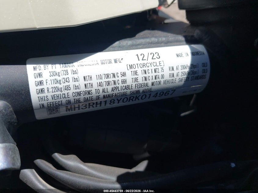 2024 Yamaha Yzfr3 A VIN: MH3RH18Y0RK014967 Lot: 45443759