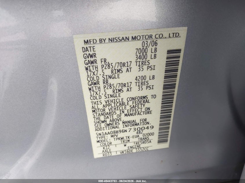2006 Nissan Armada Se Off-Road VIN: 5N1AA08B96N730049 Lot: 45443783