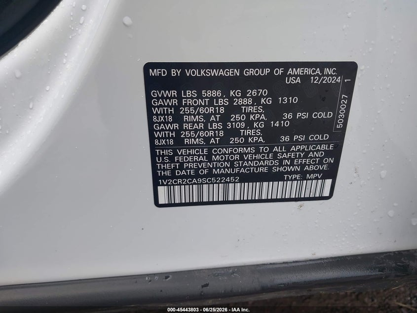 2025 Volkswagen Atlas 2.0T Peak Edition VIN: 1V2CR2CA9SC522452 Lot: 45443803