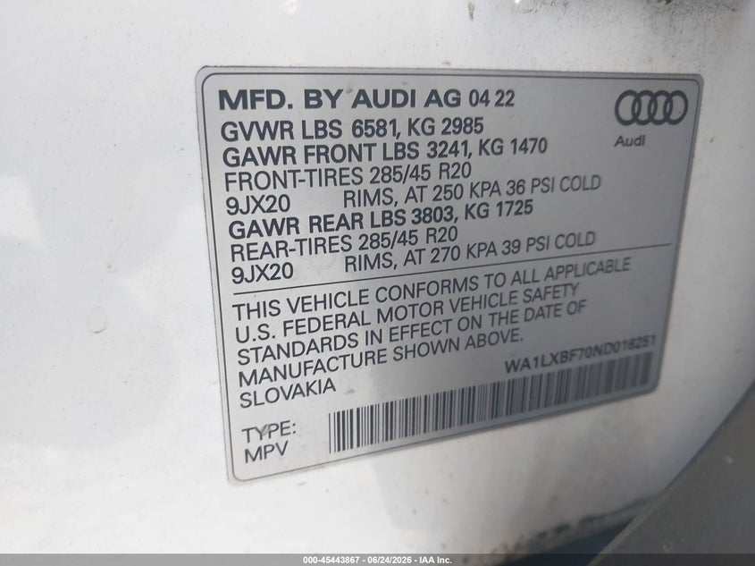 2022 Audi Q7 Premium Plus 55 Tfsi Quattro Tiptronic VIN: WA1LXBF70ND016251 Lot: 45443867