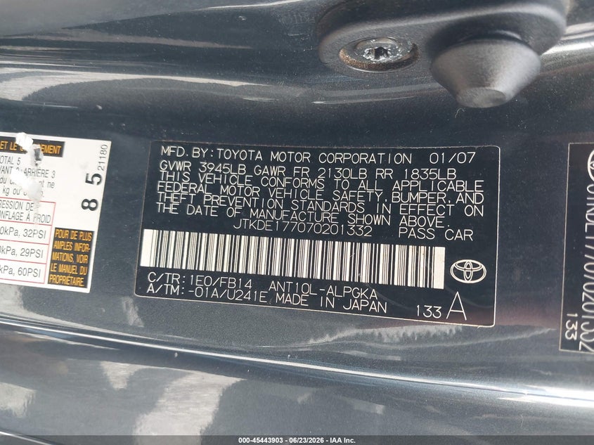 2007 Scion Tc VIN: JTKDE177070201332 Lot: 45443903
