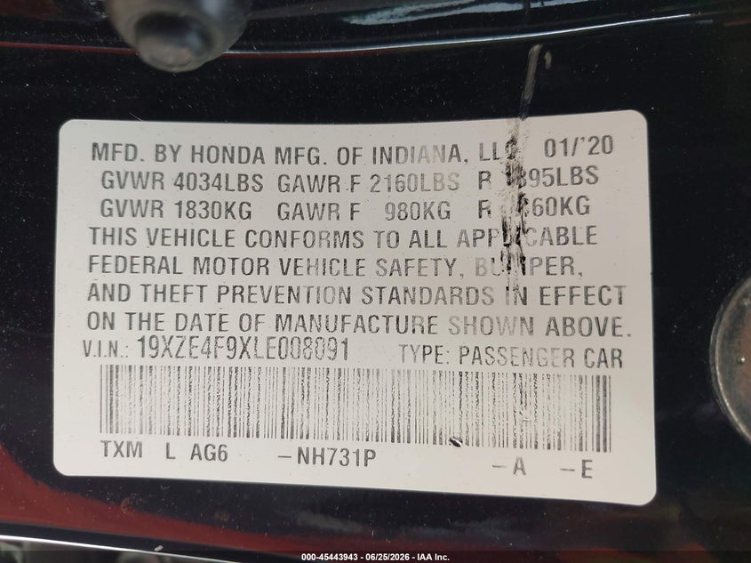 2020 Honda Insight Touring VIN: 19XZE4F9XLE008091 Lot: 45443943