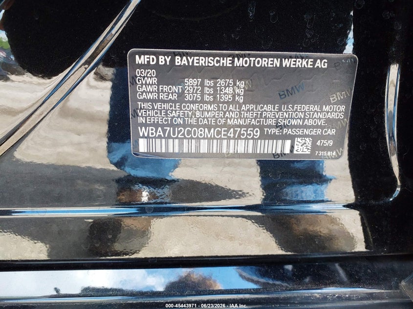 2021 BMW 750I xDrive VIN: WBA7U2C08MCE47559 Lot: 45443971