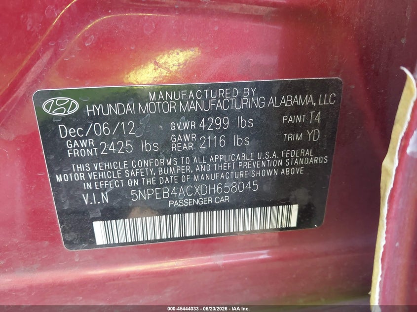 2013 HYUNDAI SONATA SEDAN 2.4L I-4 DI, DOHC, VVT, 190HP