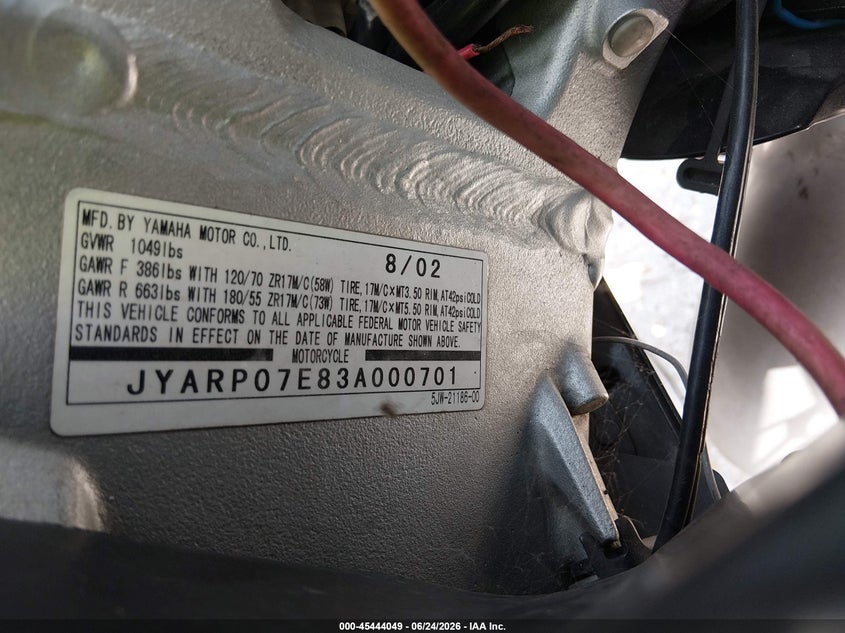 2003 Yamaha Fjr1300 VIN: JYARP07E83A000701 Lot: 45444049