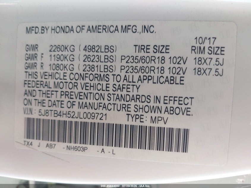 2018 Acura Rdx Technology Acurawatch Plus Packages/Technology Package VIN: 5J8TB4H52JL009721 Lot: 45444080