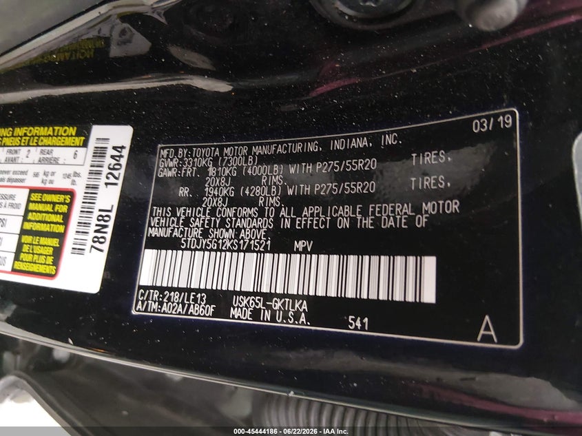 2019 Toyota Sequoia Limited VIN: 5TDJY5G12KS171521 Lot: 45444186