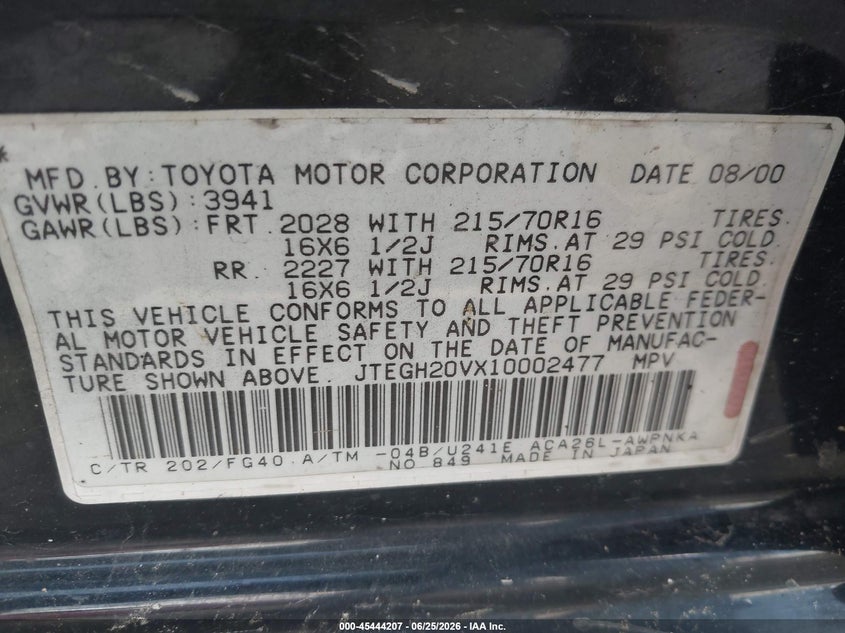 2001 Toyota Rav4 VIN: JTEGH20VX10002477 Lot: 45444207