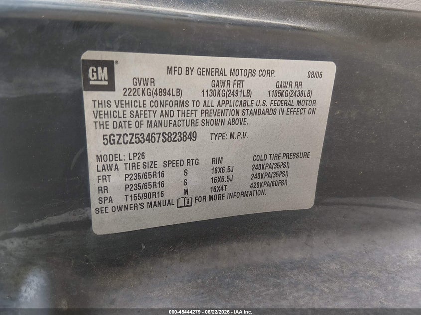 2007 Saturn Vue V6 VIN: 5GZCZ53467S823849 Lot: 45444279