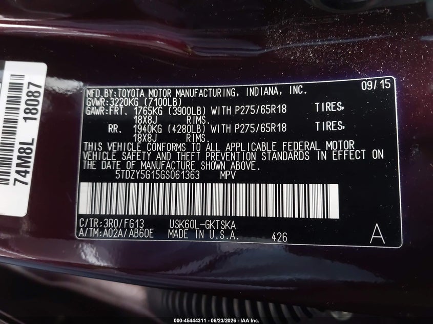 2016 Toyota Sequoia Sr5 5.7L V8 VIN: 5TDZY5G15GS061363 Lot: 45444311