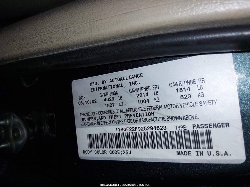 2002 Mazda 626 Es V6/Lx V6 VIN: 1YVGF22F925294623 Lot: 45444341