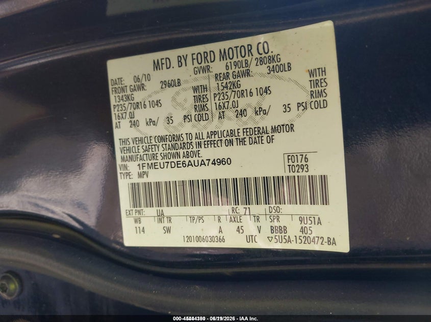 2010 FORD EXPLORER SPORT UTILITY VEHICLE 4.0L V-6 210HP
