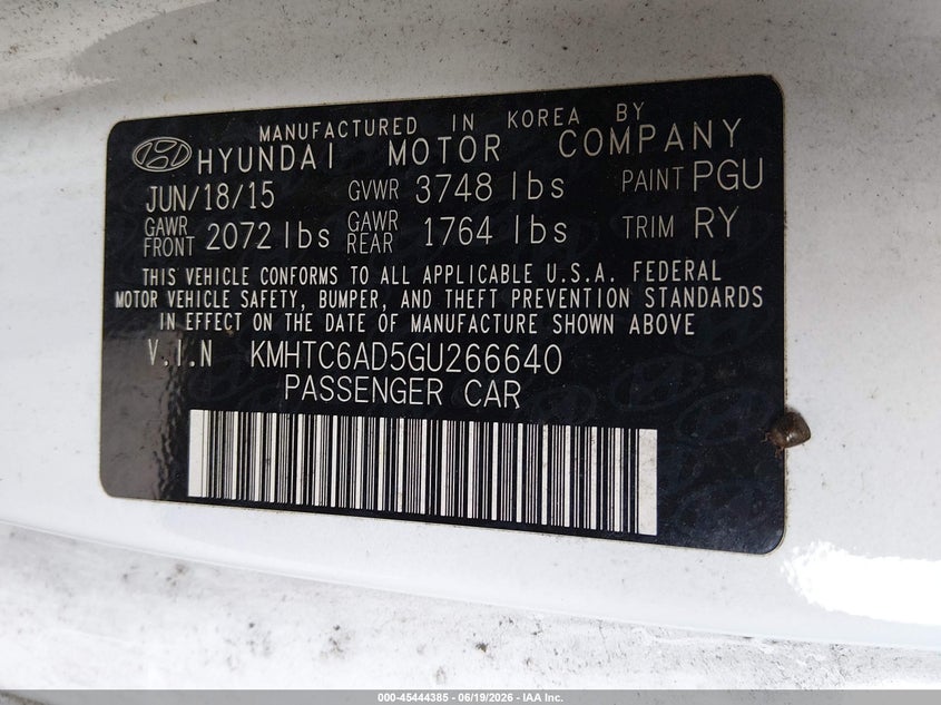 2016 Hyundai Veloster VIN: KMHTC6AD5GU266640 Lot: 45444385
