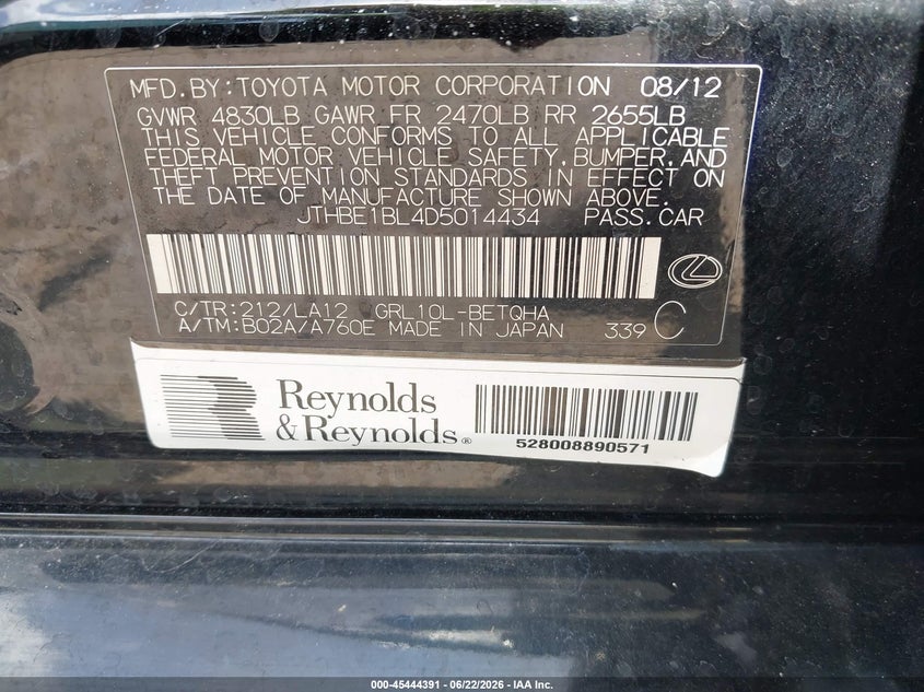 2013 Lexus Gs 350 VIN: JTHBE1BL4D5014434 Lot: 45444391
