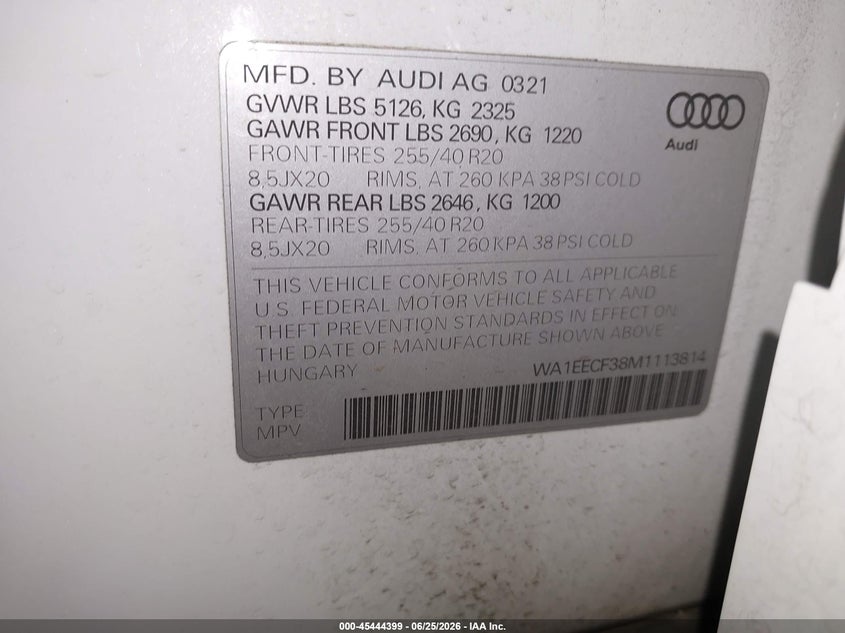 2021 Audi Q3 Premium Plus 45 Tfsi S Line Quattro Tiptronic VIN: WA1EECF38M1113814 Lot: 45444399