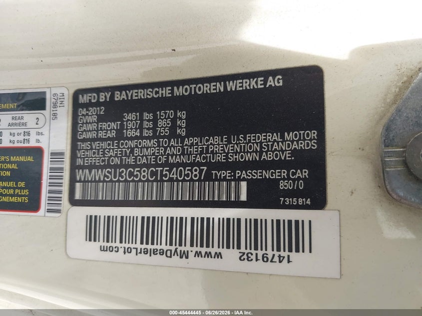 MINI COOPER 2012 VIN WMWSU3C58CT540587