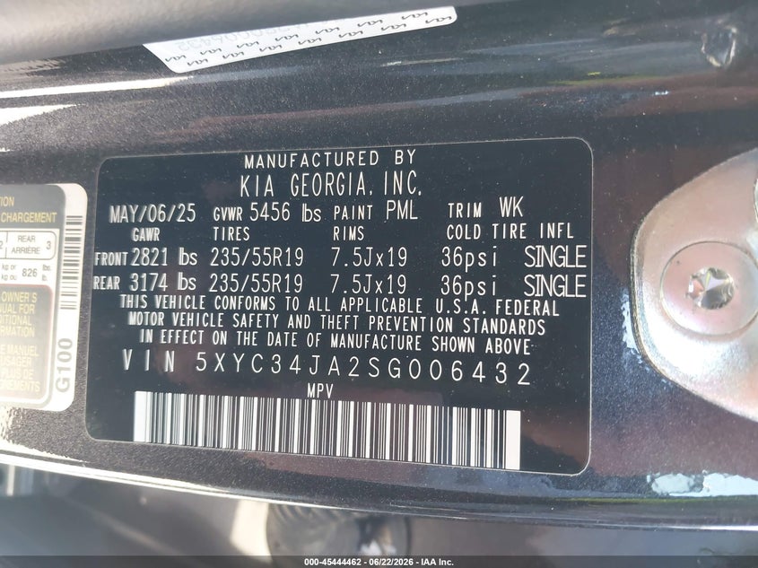 2025 Kia Ev6 Light Long Range VIN: 5XYC34JA2SG006432 Lot: 45444462