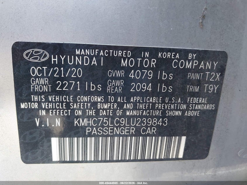 2020 Hyundai Ioniq Hybrid Se VIN: KMHC75LC9LU239843 Lot: 45444565