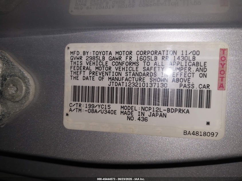 2001 Toyota Echo VIN: JTDAT123210137130 Lot: 45444573