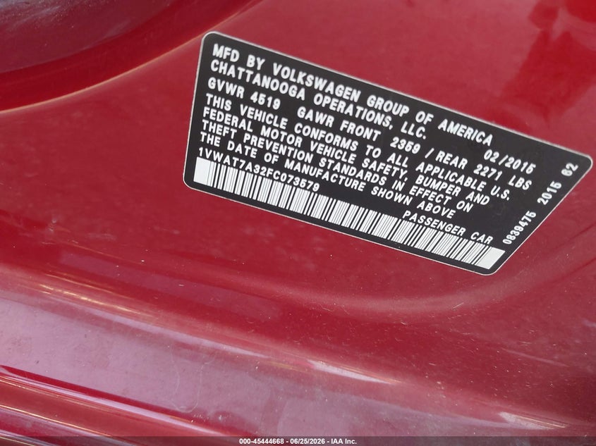 2015 VOLKSWAGEN PASSAT SEDAN 1.8L I-4 DI, DOHC, VVT, TURBO, 170HP