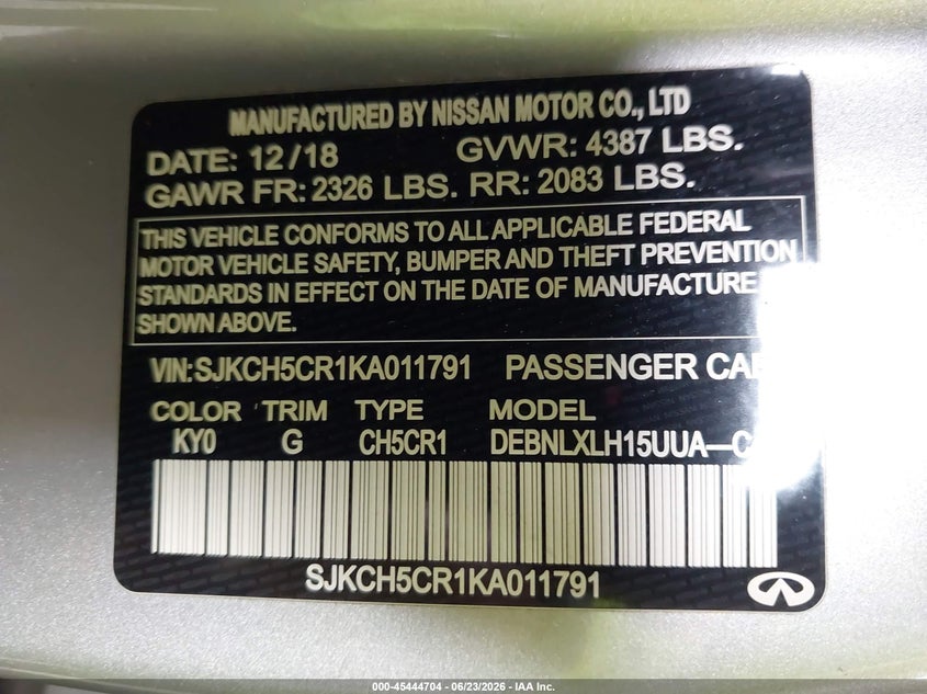 2019 Infiniti Qx30 Luxe VIN: SJKCH5CR1KA011791 Lot: 45444704