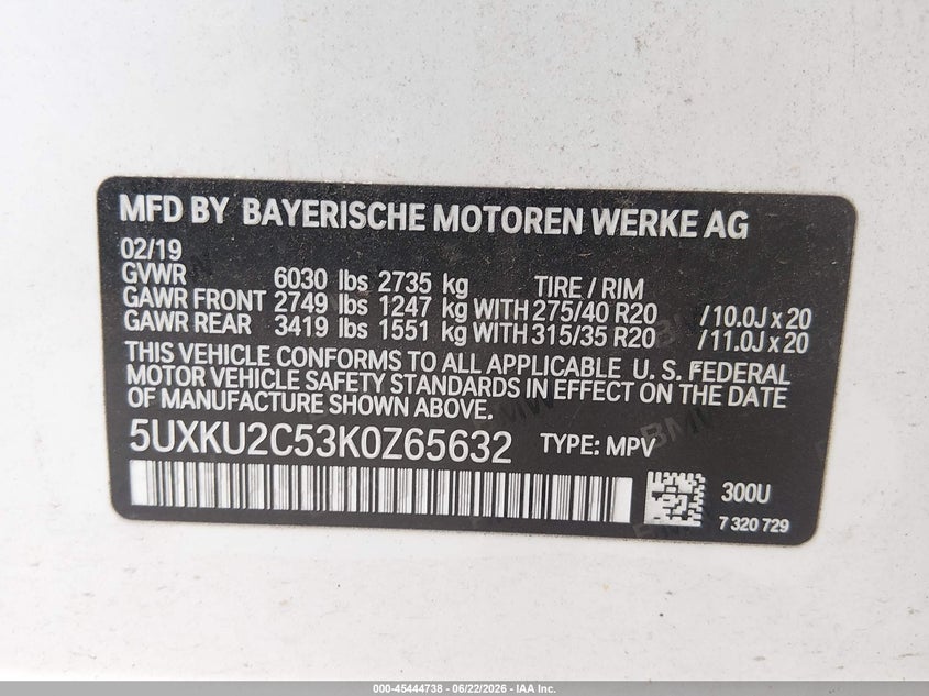 2019 BMW X6 xDrive35I VIN: 5UXKU2C53K0Z65632 Lot: 45444738