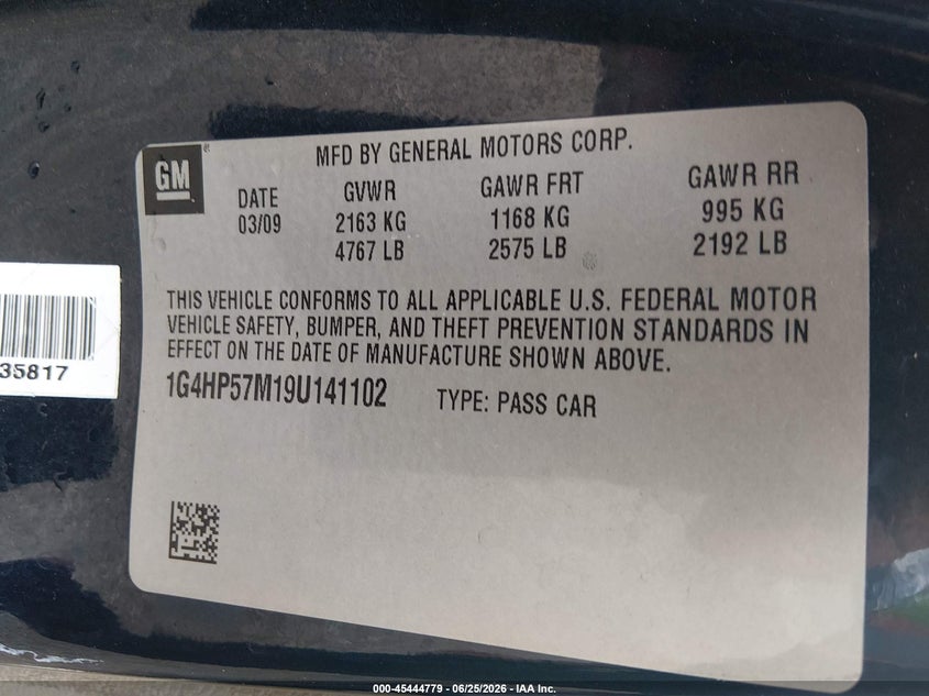 2009 Buick Lucerne Cx VIN: 1G4HP57M19U141102 Lot: 45444779