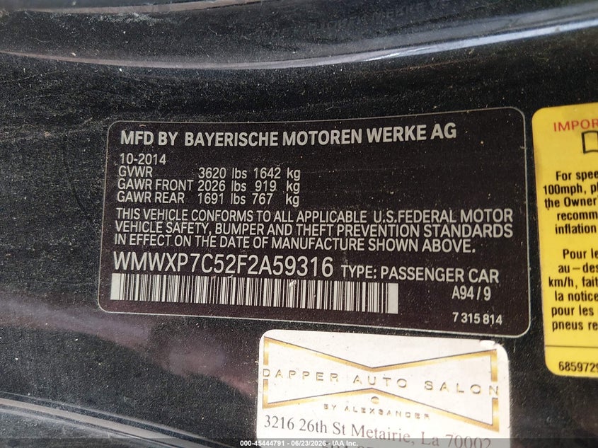 2015 Mini Hardtop Cooper S VIN: WMWXP7C52F2A59316 Lot: 45444791