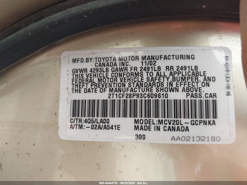 2003 Toyota Camry Solara Sle V6 VIN: 2T1CF28P93C609610 Lot: 45444793