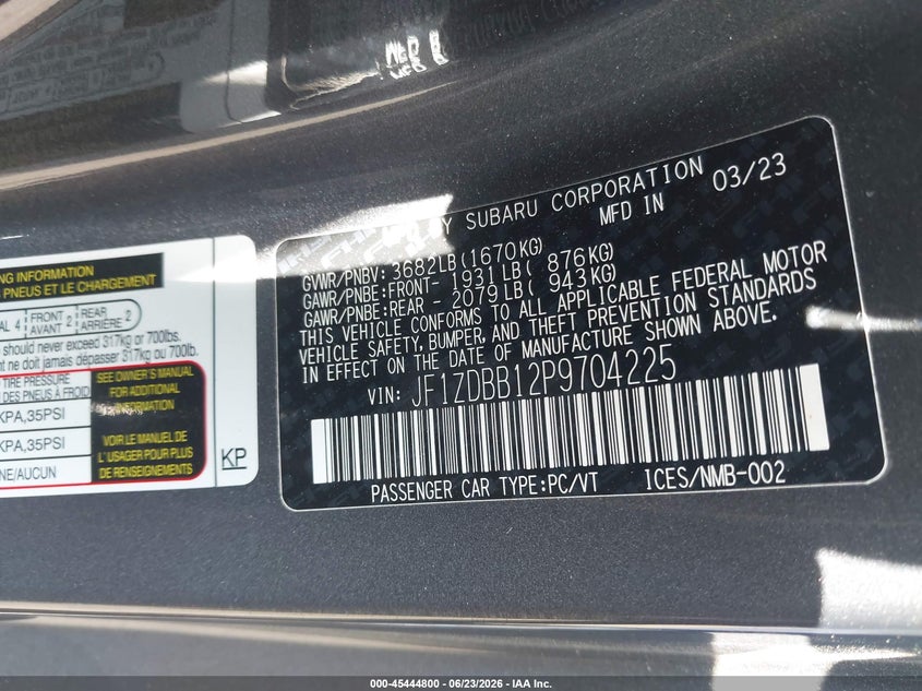 2023 Subaru Brz Premium VIN: JF1ZDBB12P9704225 Lot: 45444800