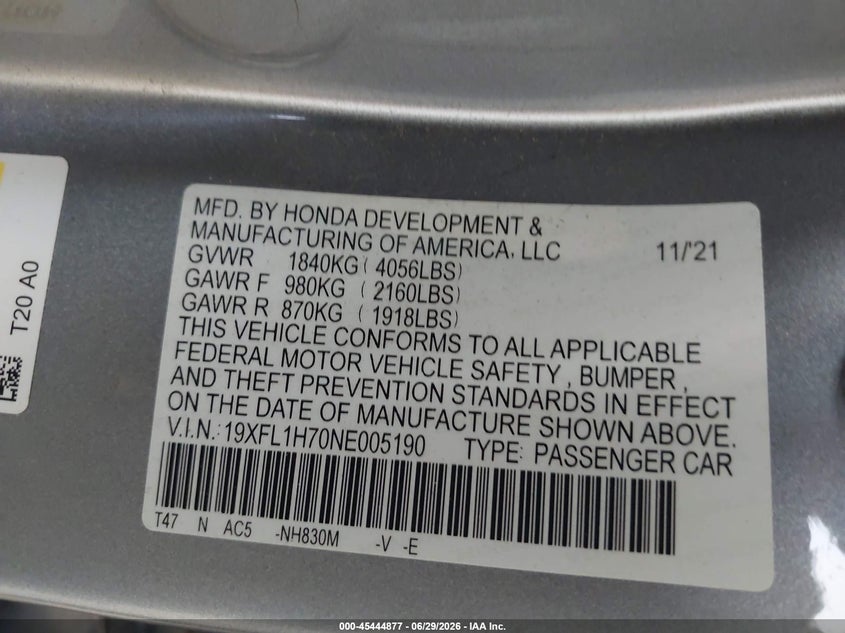 HONDA CIVIC 2022 VIN 19XFL1H70NE005190