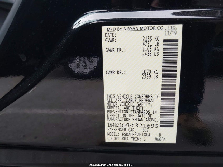 VIN: 1N4BZ1CP3KC321695 2019 NISSAN LEAF S PLUS