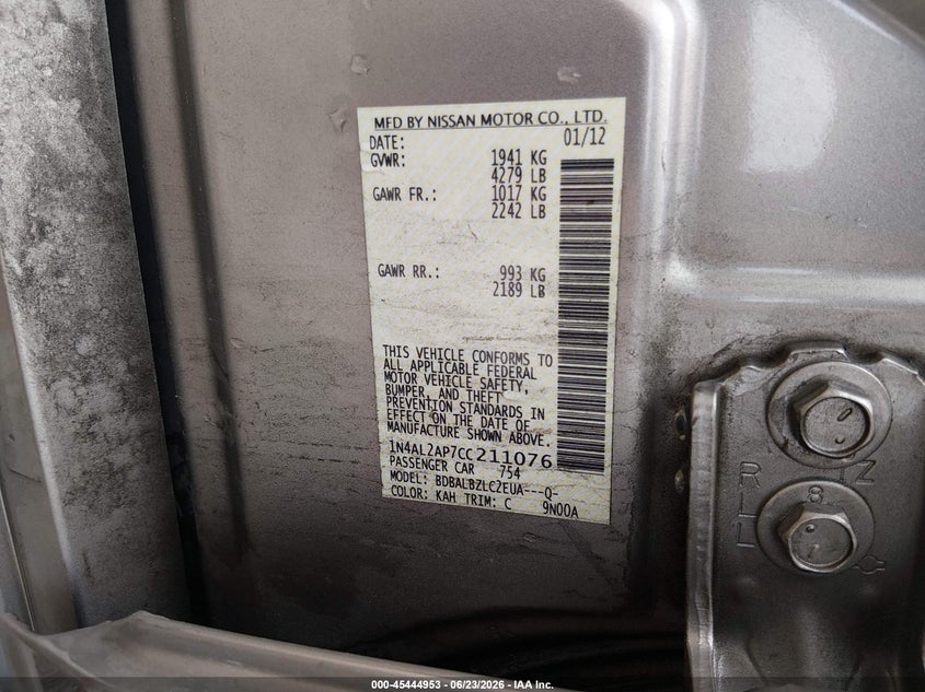 2012 NISSAN ALTIMA SEDAN 2.5L I-4 DOHC, VVT, 175HP