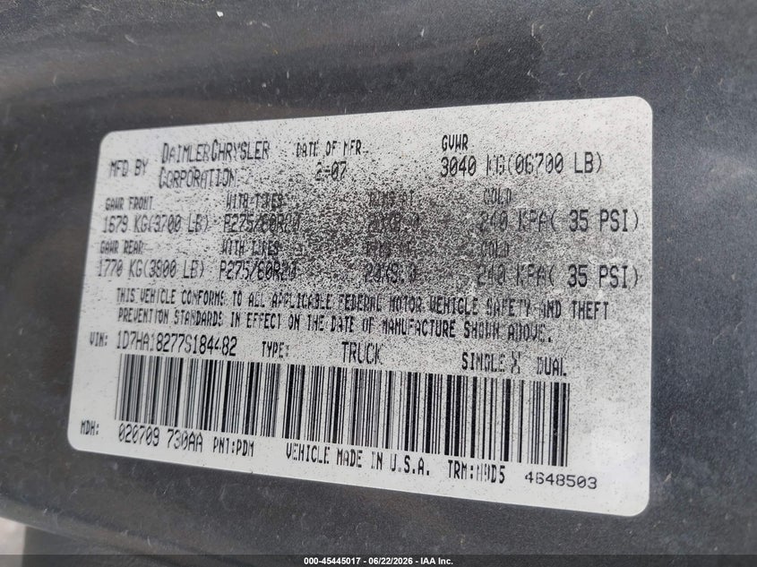 2007 DODGE RAM TRUCK 5.7L V-8 345HP