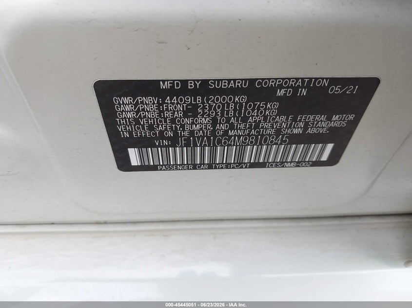 2021 Subaru Wrx Premium VIN: JF1VA1C64M9810845 Lot: 45445051