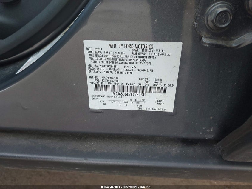 2019 FORD ECOSPORT SPORT UTILITY VEHICLE 2.0L I-4 DI, DOHC, VVT, 166HP