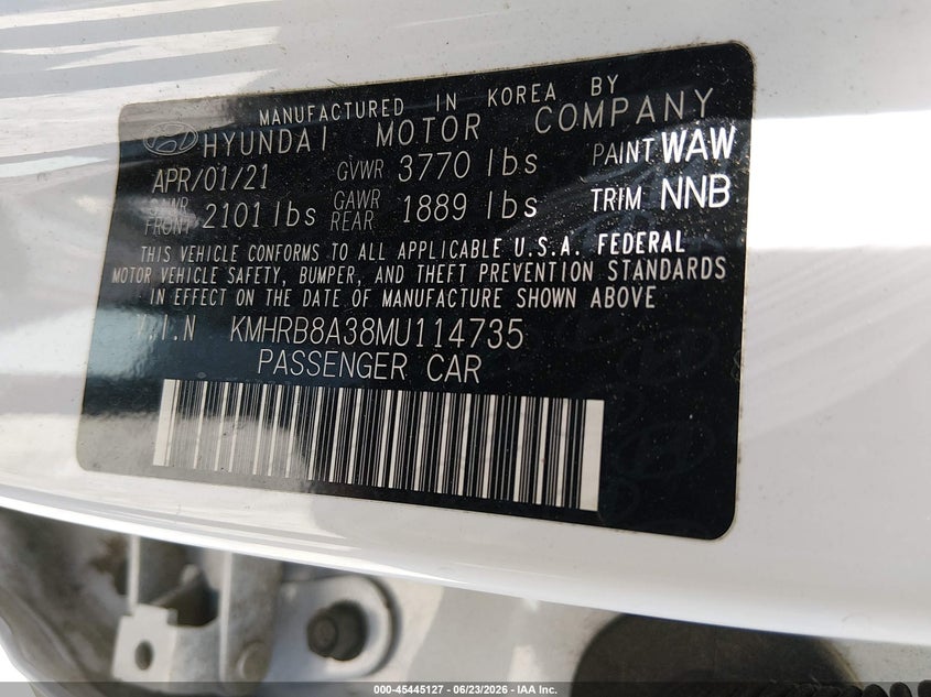 2021 Hyundai Venue Se VIN: KMHRB8A38MU114735 Lot: 45445127
