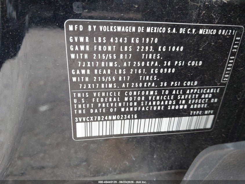 2022 Volkswagen Taos 1.5T S VIN: 3VVCX7B24NM023416 Lot: 45445129