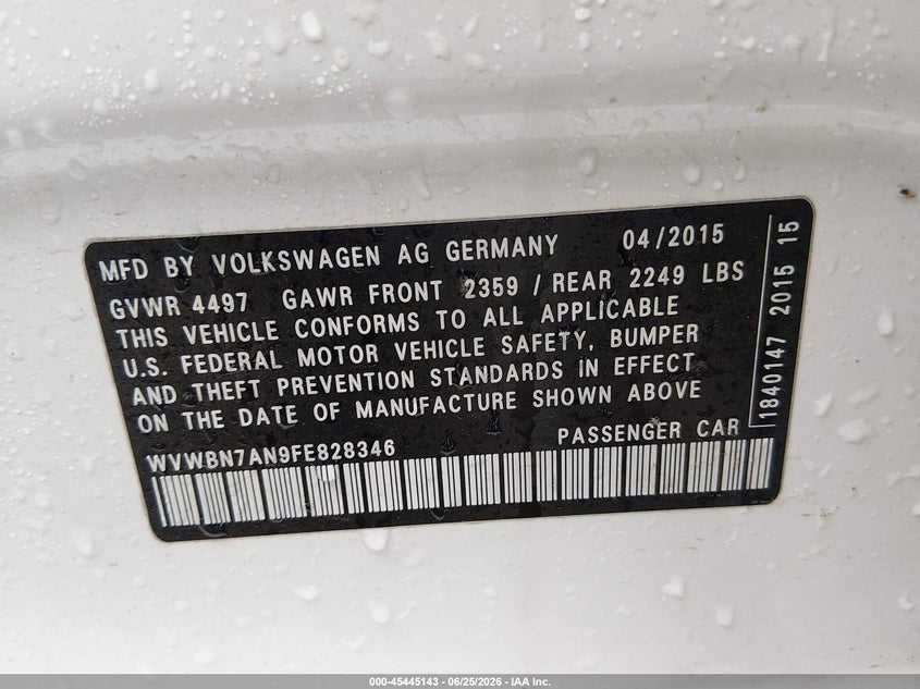 2015 Volkswagen Cc 2.0T R-Line VIN: WVWBN7AN9FE828346 Lot: 45445143