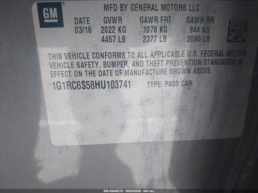 2017 Chevrolet Volt Lt VIN: 1G1RC6S58HU103741 Lot: 45445215