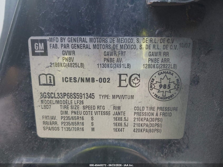 2008 Saturn Vue 4-Cyl Xe VIN: 3GSCL33P68S591345 Lot: 45445272