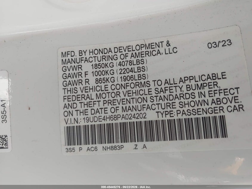 ACURA INTEGRA 2023 VIN 19UDE4H68PA024202