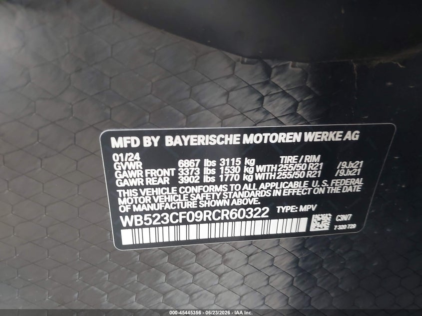 2024 BMW Ix xDrive50 VIN: WB523CF09RCR60322 Lot: 45445356