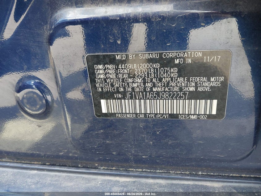 2018 Subaru Wrx VIN: JF1VA1A65J9822257 Lot: 45445425