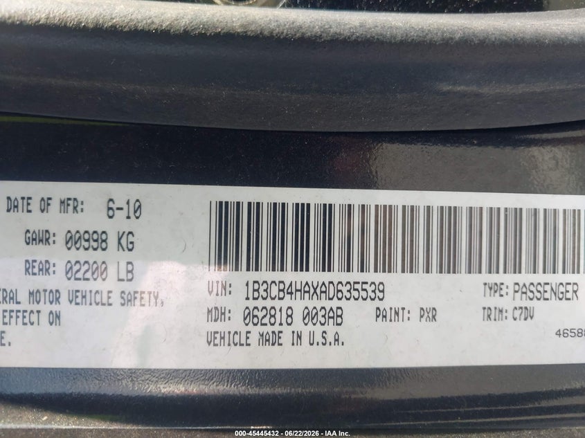 2010 Dodge Caliber Sxt VIN: 1B3CB4HAXAD635539 Lot: 45445432