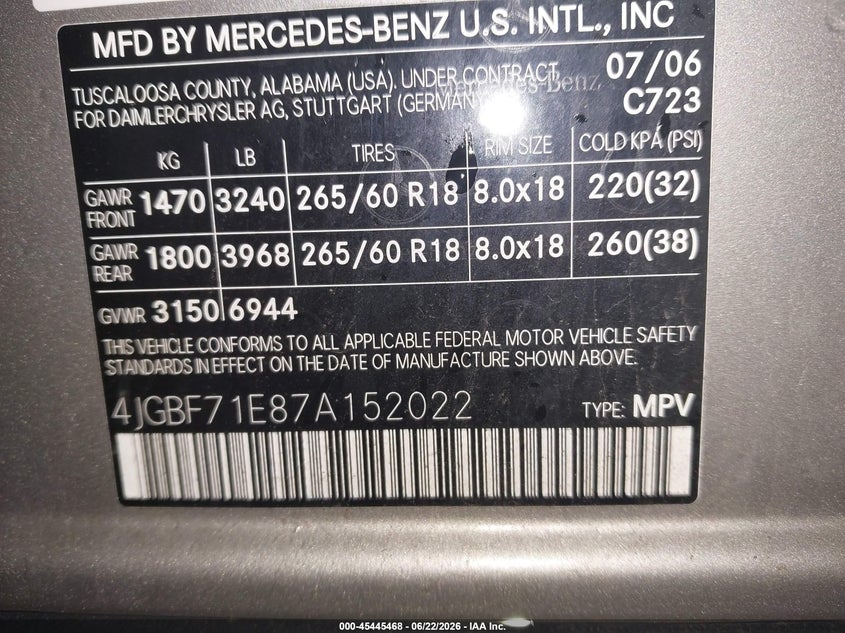 2007 Mercedes-Benz Gl 450 4Matic VIN: 4JGBF71E87A152022 Lot: 45445468